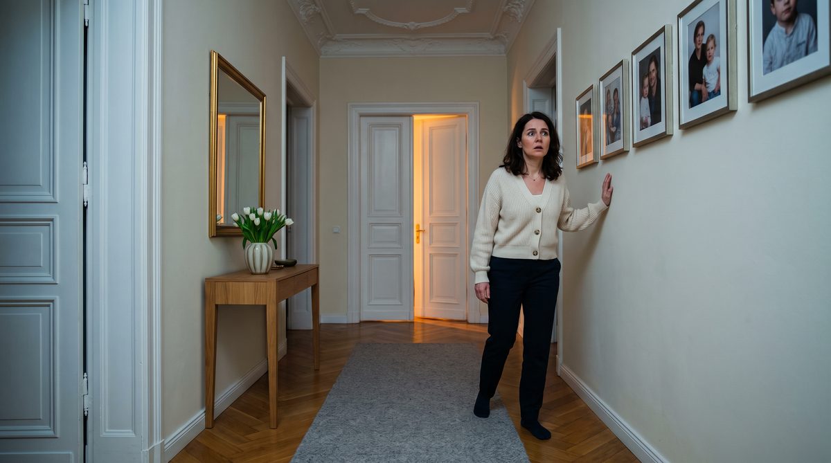 Sind Narzissten gefährlich: Frau steht angespannt im Flur ihrer Wohnung und lauscht