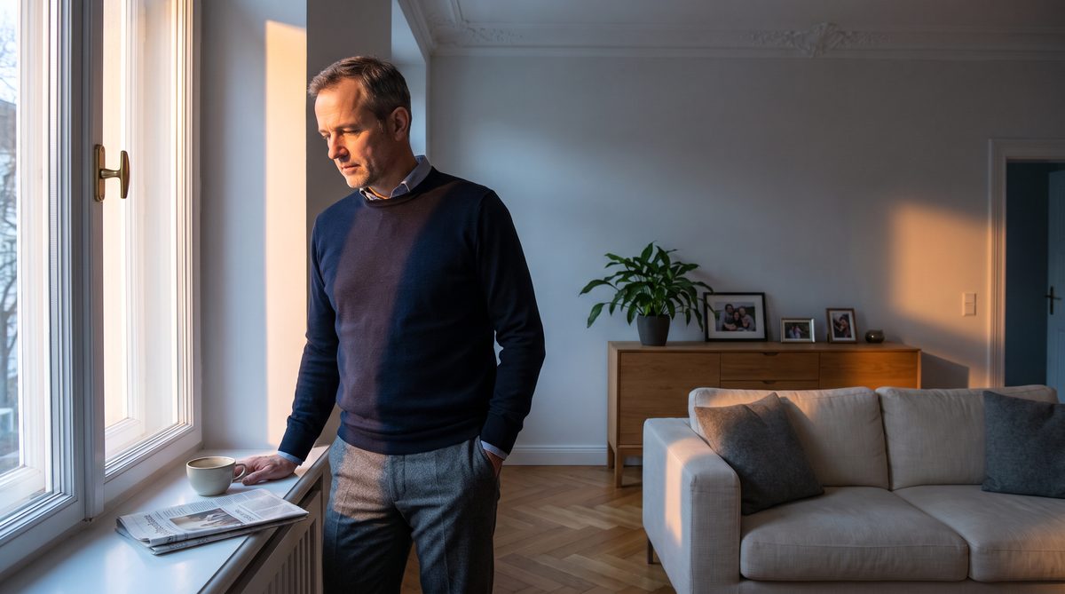 Erschöpfter Mann steht abends am Fenster, unberührte Kaffeetasse auf der Fensterbank