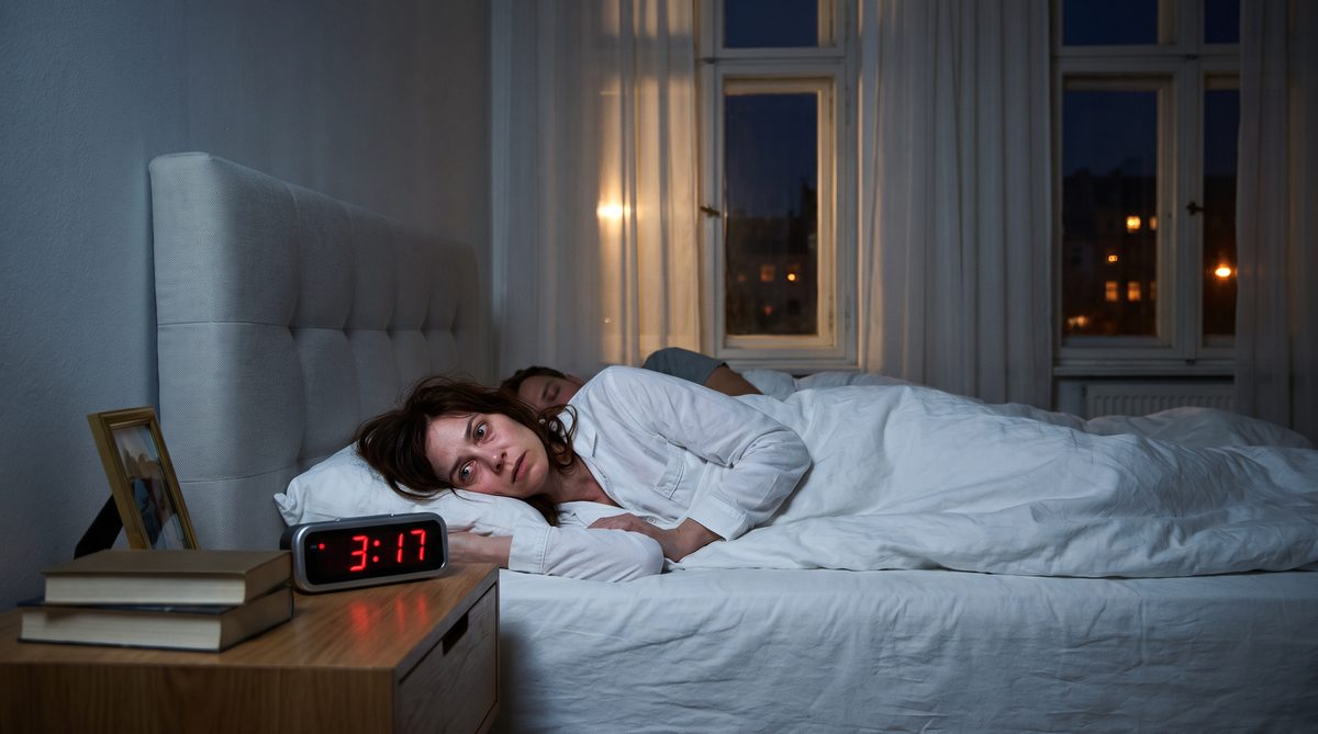 Frau liegt nachts um 3:17 Uhr wach im Bett neben ihrem schlafenden Partner