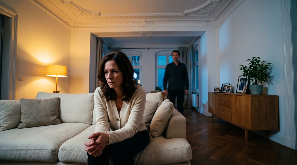 Sind Narzissten gefährlich: Frau sitzt angespannt auf dem Sofa, im Hintergrund die Gestalt ihres Partners
