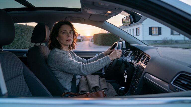 Frau nach der Trennung von einem Narzissten sitzt im Auto und atmet zum ersten Mal frei