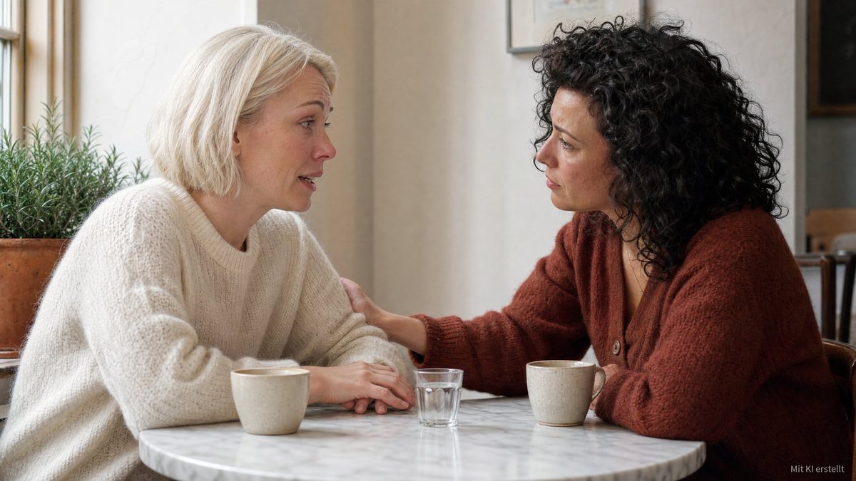 Gaslighting: Zwei Frauen an einem Tisch am Fenster, eine spricht, die andere hört zu und legt ihr die Hand auf den Arm