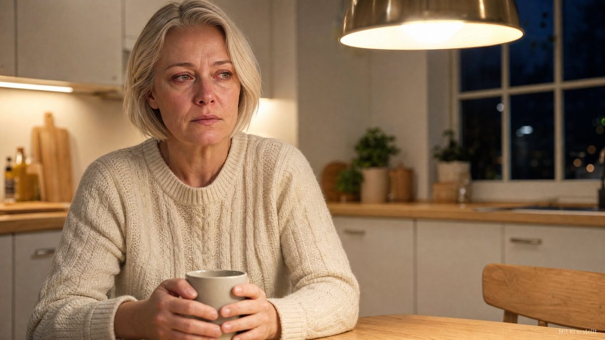 Gaslighting erkennen: Frau sitzt spät abends allein am Küchentisch mit einer Tasse und blickt auf den leeren Stuhl ihr gegenüber