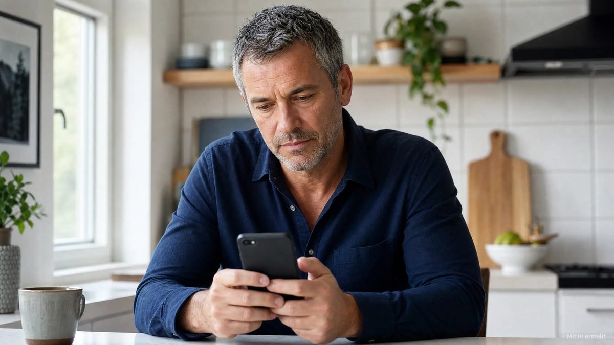 Gaslighting bei Männern: Mann steht abends in seiner hellen Küche und sieht nachdenklich auf sein Telefon, ohne zu tippen