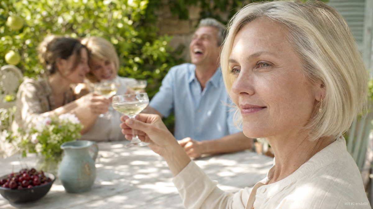 Gaslighting: Frau hebt in einer lachenden Runde auf der Terrasse das Glas mit und blickt dabei an allen vorbei