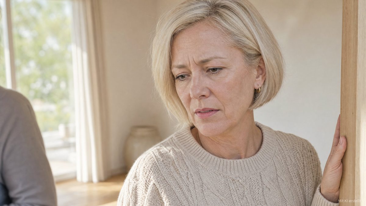 Gaslighting erkennen: Frau bleibt im Türrahmen stehen und blickt nachdenklich zu Boden, während sich hinter ihr jemand abwendet