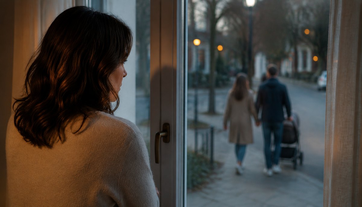 Eine Frau schaut vom Fenster aus auf ein Paar, das draußen spazieren geht