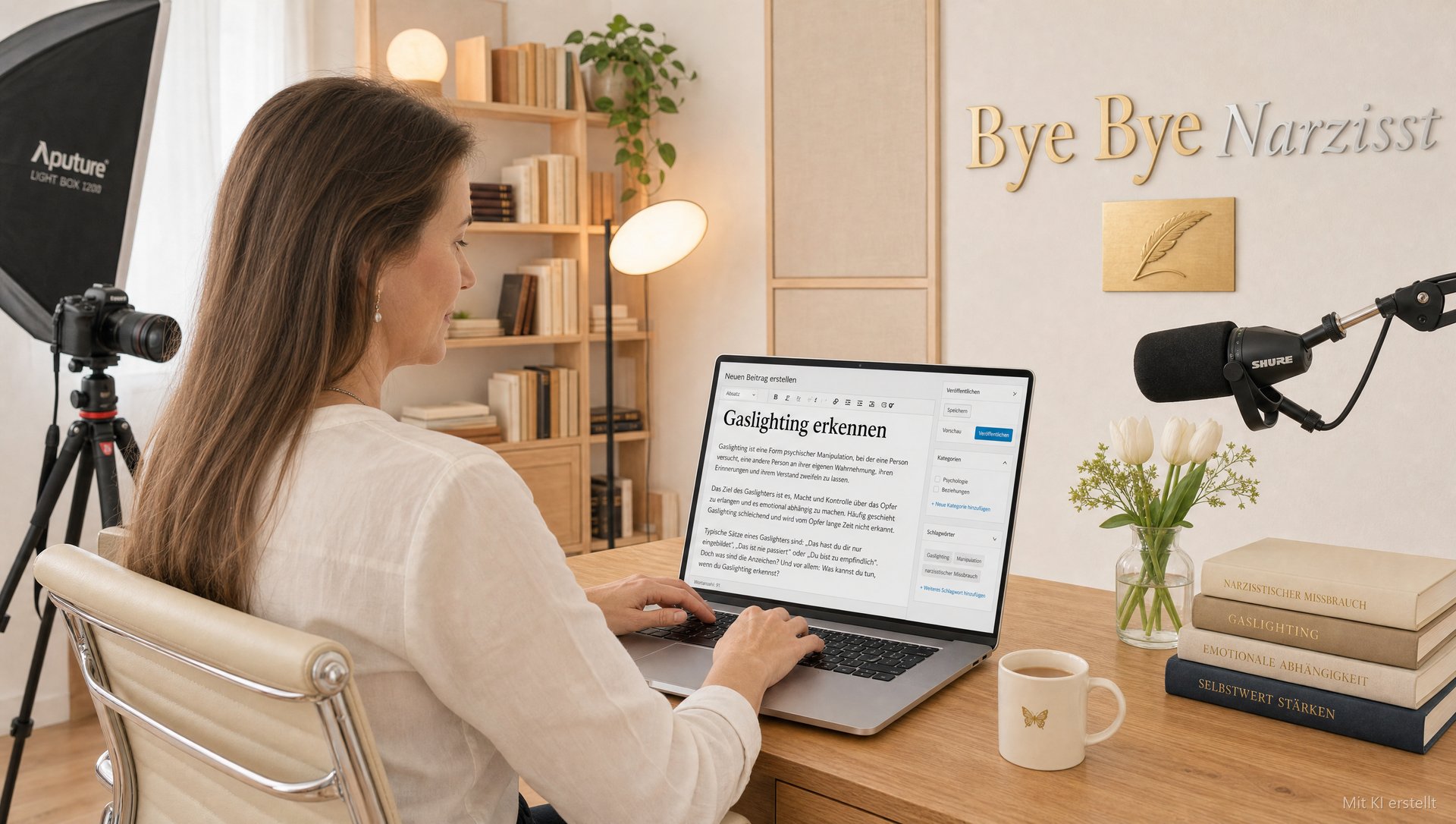 Anita König sitzt an ihrem Schreibtisch und schreibt auf ihrem Laptop einen Blogartikel über Gaslighting, neben ihr Bücher über narzisstischen Missbrauch, an der Wand der goldene Schriftzug Bye Bye Narzisst.