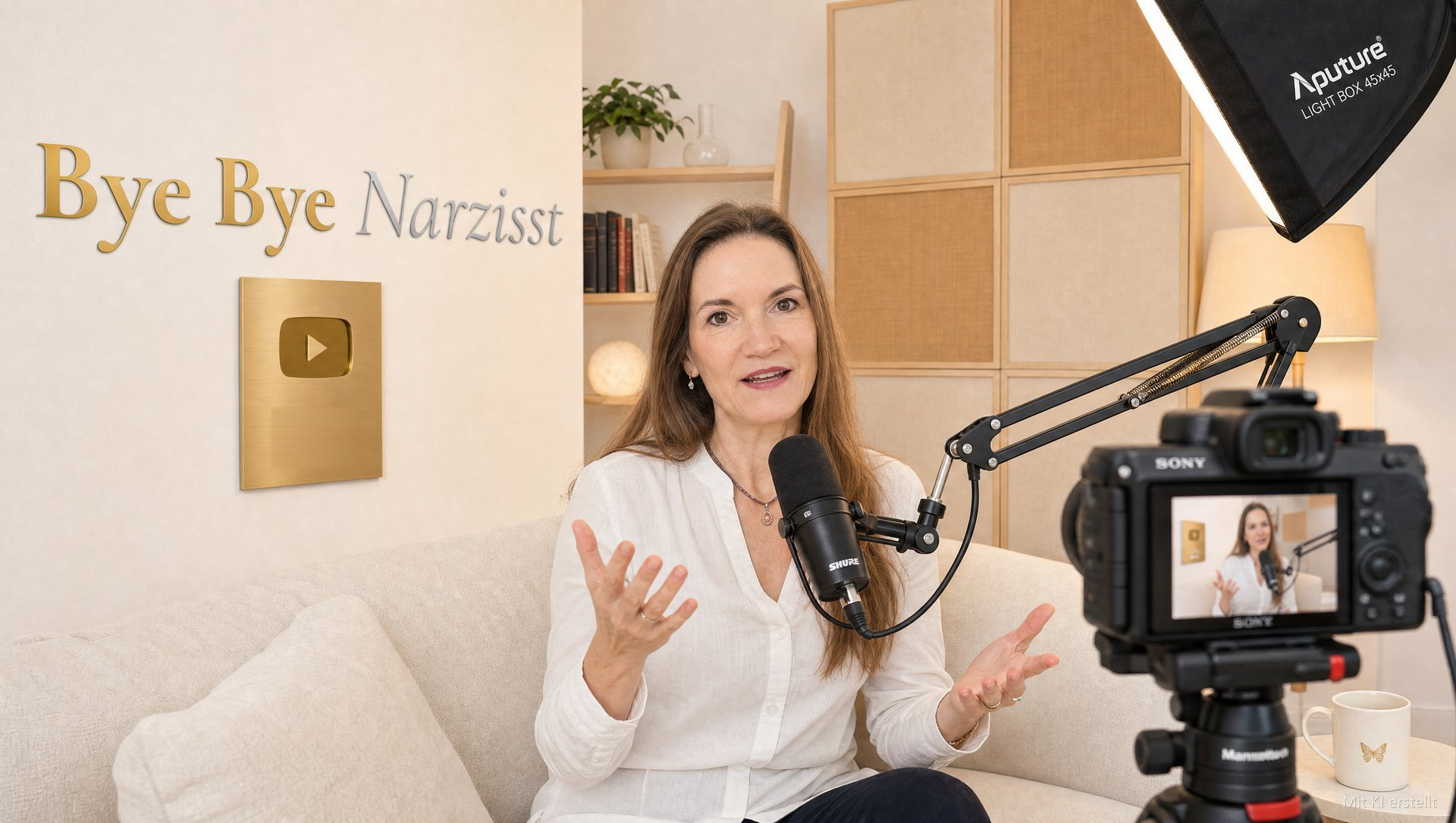 Anita König nimmt in ihrem hellen Studio ein YouTube-Video auf: sie spricht in Kamera und Mikrofon, an der Wand der goldene Schriftzug Bye Bye Narzisst.