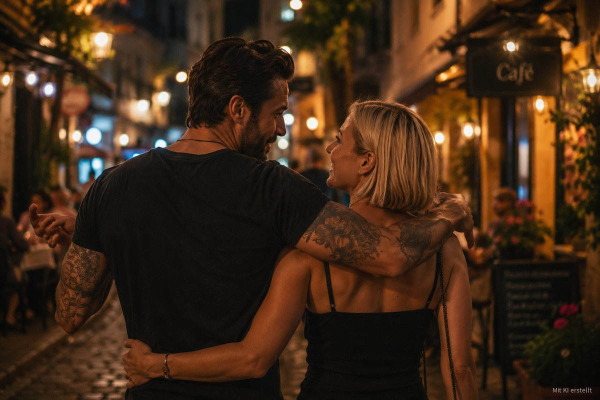 Ein Paar geht abends eng umschlungen durch eine warm beleuchtete Gasse und lacht sich an.