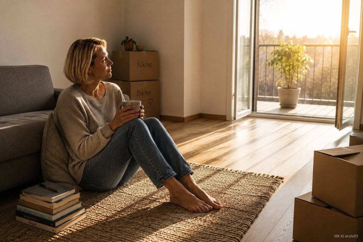 Eine Frau sitzt mit einer Tasse auf dem Boden ihrer neuen Wohnung zwischen Umzugskartons im Morgenlicht.