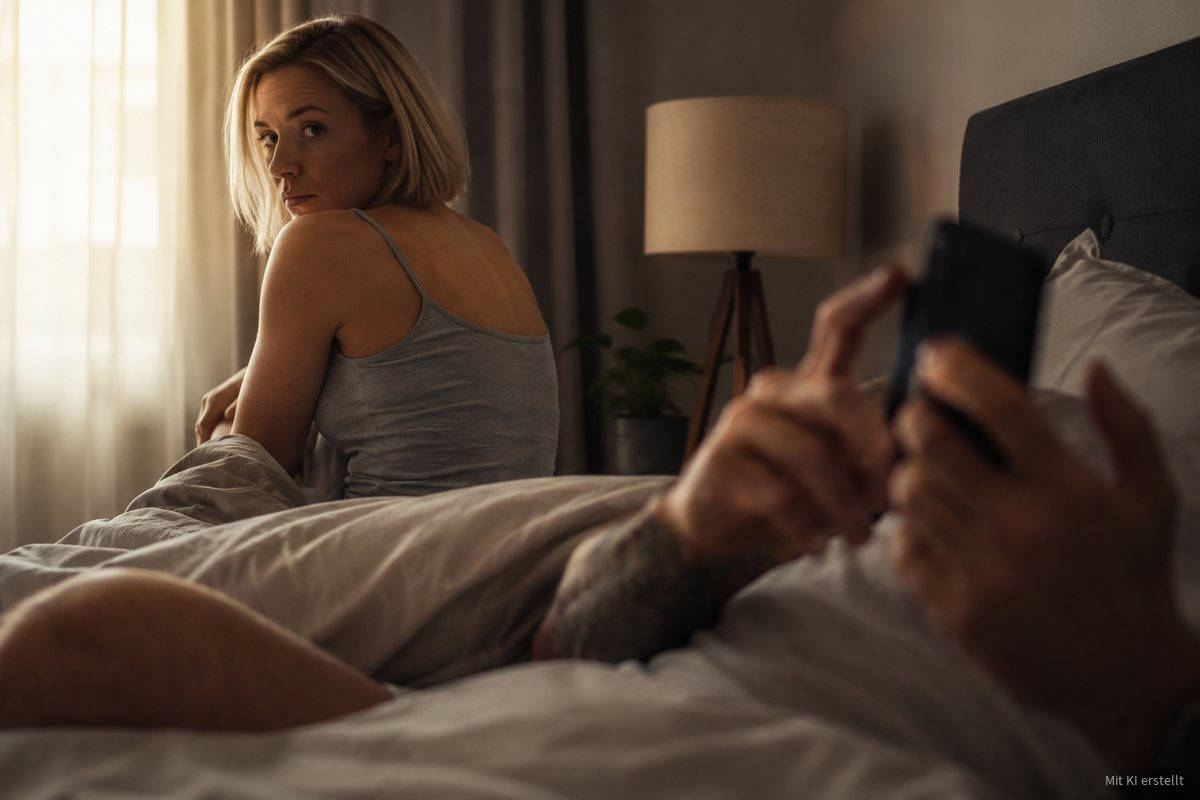 Eine Frau sitzt frueh am Morgen wach im Bett und blickt ueber die Schulter, waehrend der Mann neben ihr auf sein Handy sieht.