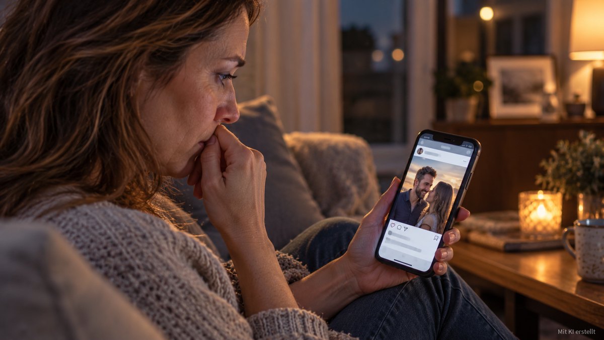 Eine Frau sitzt abends auf dem Sofa, hält die Hand vor den Mund und schaut auf ihrem Handy ein Paarfoto in den sozialen Medien an.