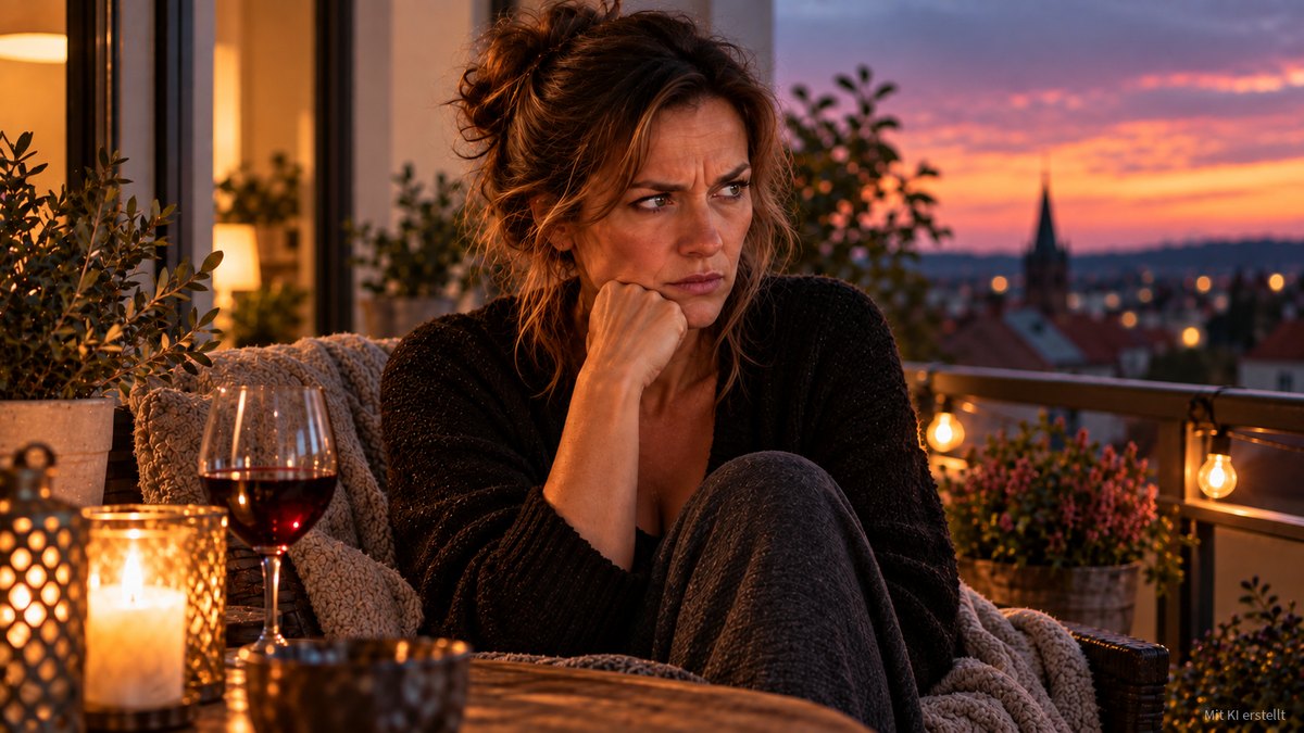 Eine Frau sitzt am Abend in eine Decke gehüllt auf dem Balkon, ein Glas Rotwein vor sich, und schaut mit finsterem Blick in die Ferne.