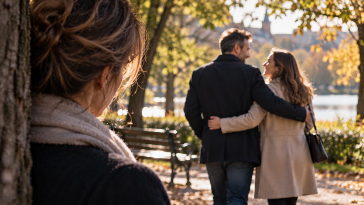 Eine Frau steht im Herbstpark an einem Baum und schaut einem verliebten Paar nach, das Arm in Arm am Wasser entlanggeht.