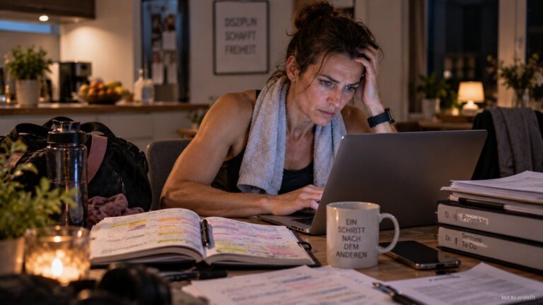 Eine Frau sitzt spätabends in Sportkleidung mit einem Handtuch um den Hals am Laptop, umgeben von Kalender, Akten und Kaffeebecher, und stützt erschöpft den Kopf in die Hand.