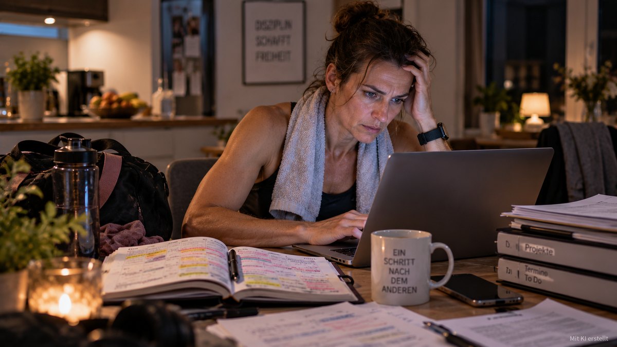 Eine Frau sitzt spätabends in Sportkleidung mit einem Handtuch um den Hals am Laptop, umgeben von Kalender, Akten und Kaffeebecher, und stützt erschöpft den Kopf in die Hand.