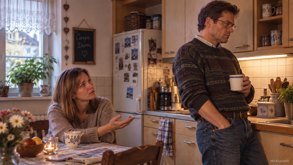 In einer Küche steht ein Mann mit Kaffeebecher abgewandt und schweigt, während die Frau am Tisch fragend die Hand nach ihm ausstreckt.