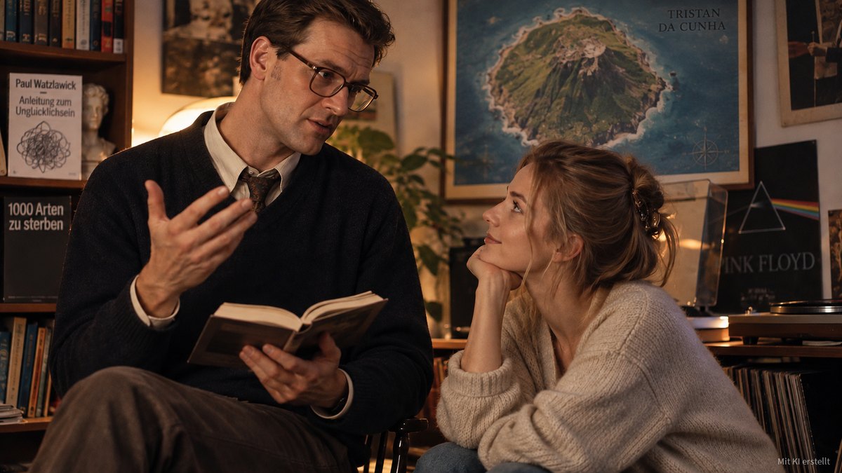 Ein Mann mit Brille erzählt mit einem Buch in der Hand, eine Frau hört ihm gebannt zu; im Regal stehen „Anleitung zum Unglücklichsein“ und „1000 Arten zu sterben“, an der Wand die Seekarte von Tristan da Cunha.