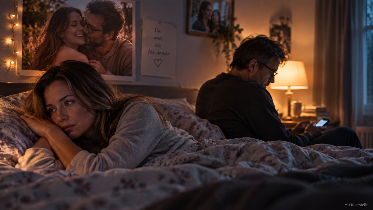Eine Frau liegt traurig im Bett, der Mann sitzt abgewandt auf der Bettkante und schaut auf sein Handy, über dem Bett hängt ein Foto aus glücklichen Tagen.