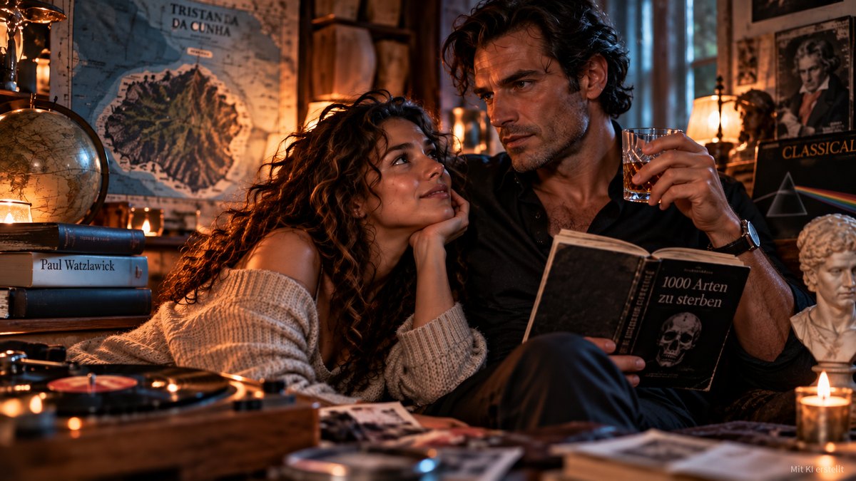 Eine junge Frau mit Locken blickt verträumt zu einem Mann auf, der mit einem Glas in der Hand das Buch „1000 Arten zu sterben“ liest, hinter ihm eine Seekarte von Tristan da Cunha.