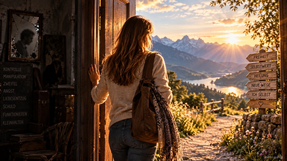 Eine Frau mit Tasche tritt aus einem dunklen Raum durch eine offene Tür in eine sonnige Berglandschaft, Wegweiser zeigen zu Freiheit, Selbstwert, Heilung und neuen Wegen.