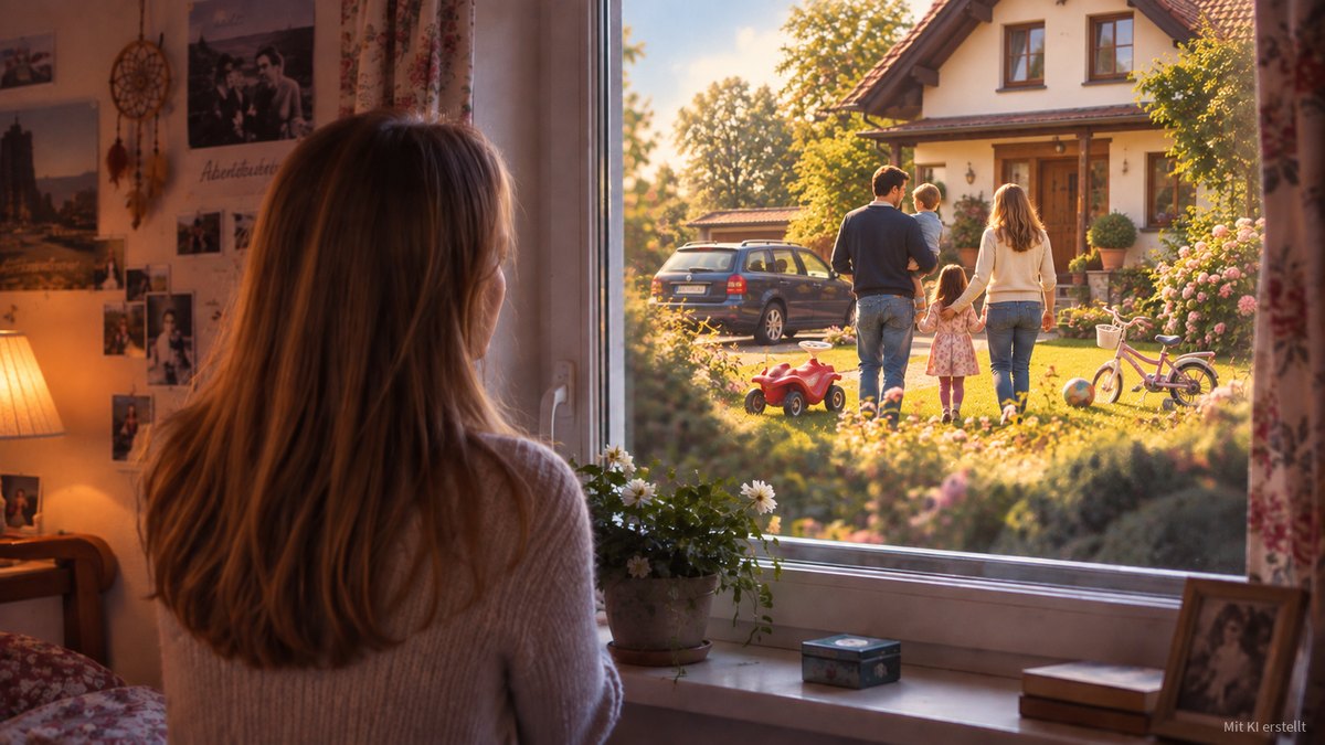 Eine Frau steht am Fenster und blickt hinaus auf ein Haus mit Garten, vor dem ein Paar mit zwei kleinen Kindern spielt.