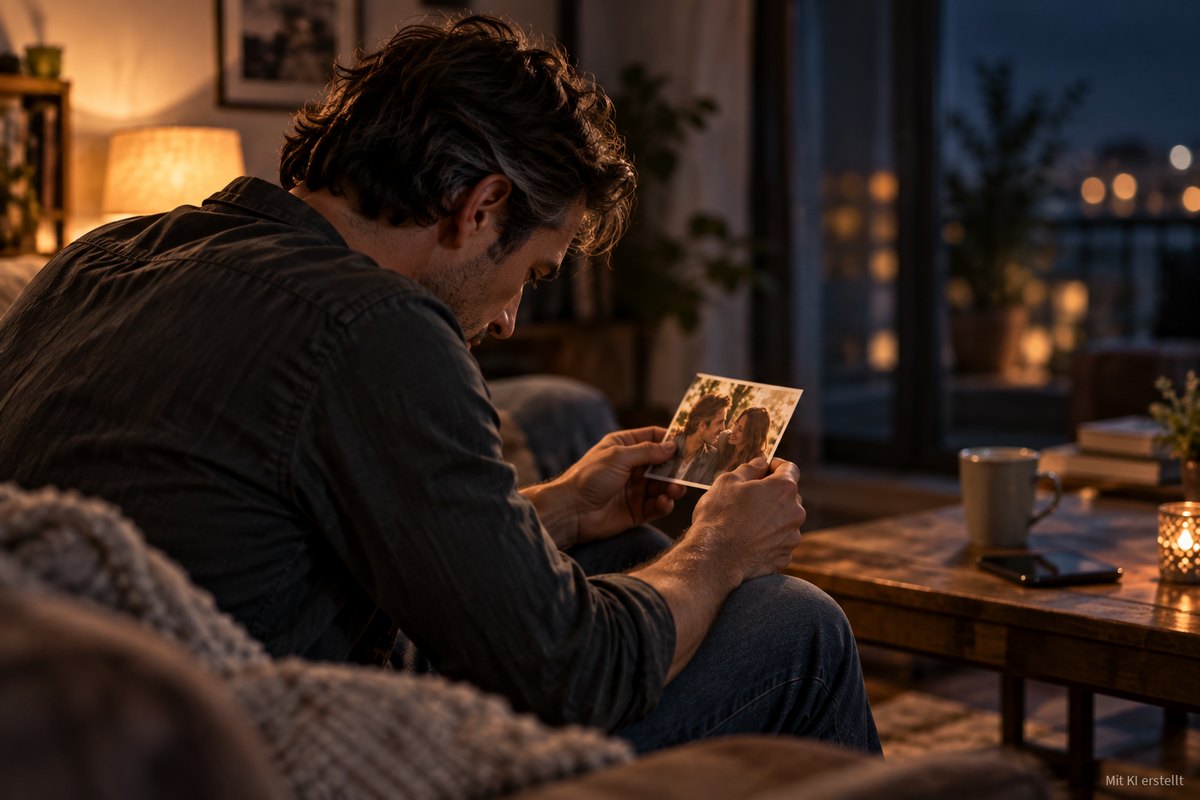 Ein Mann sitzt abends allein auf dem Sofa und betrachtet ein Foto aus seiner früheren Beziehung.