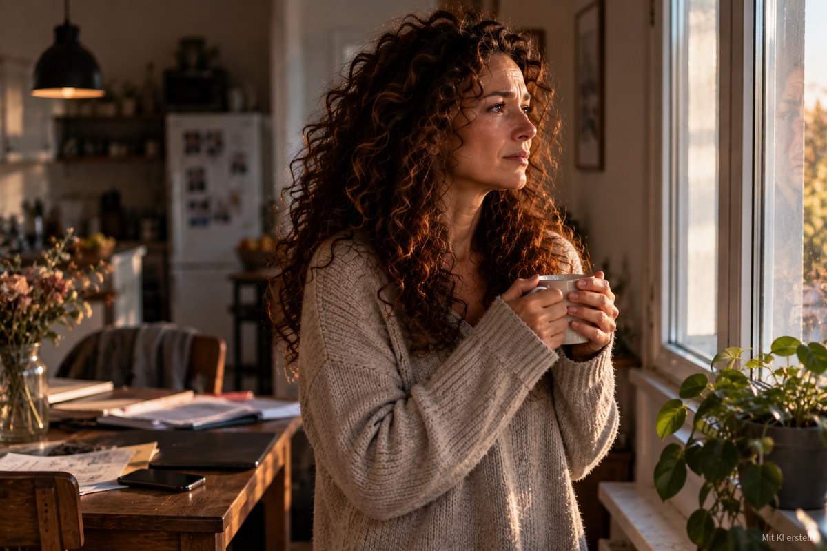 Eine Frau steht im warmen Morgenlicht am Fenster, hält eine Tasse in beiden Händen und schaut ruhig hinaus.