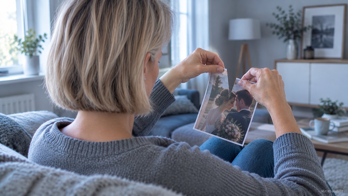Eine Frau sitzt auf dem Sofa und betrachtet ein altes Foto von sich und ihrem Partner.
