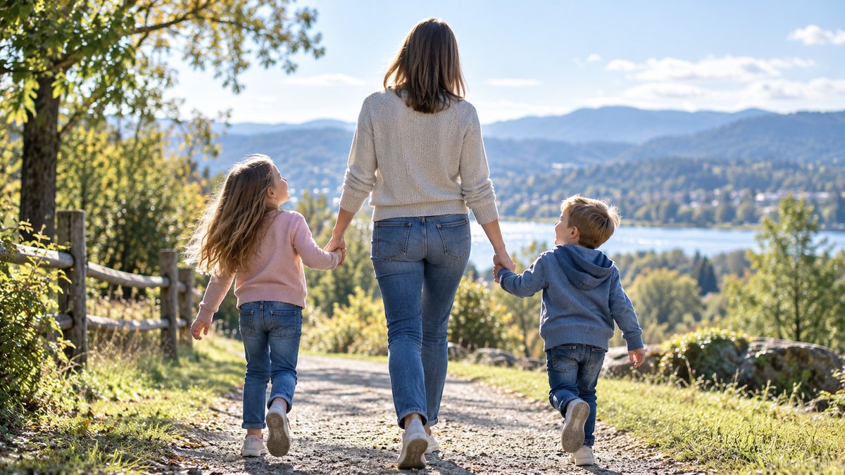 Eine Mutter geht mit ihren zwei Kindern an der Hand einen sonnigen Weg mit Blick auf einen See entlang.