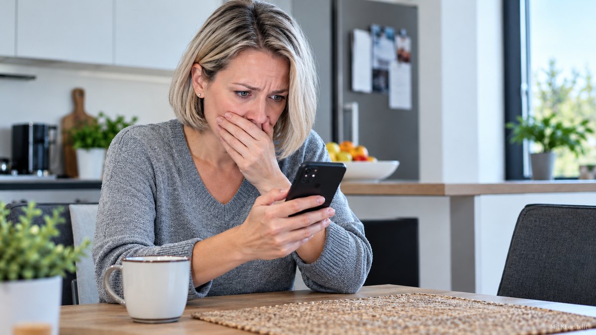 Eine Frau sitzt am Küchentisch, hält sich die Hand vor den Mund und liest erschrocken eine Nachricht auf ihrem Handy.