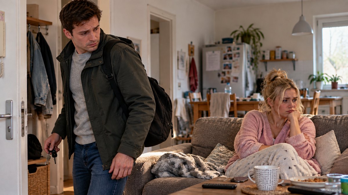 Ein Mann mit Rucksack und Schlüssel geht zur Wohnungstür, eine Frau sitzt verstimmt auf dem Sofa zurück.