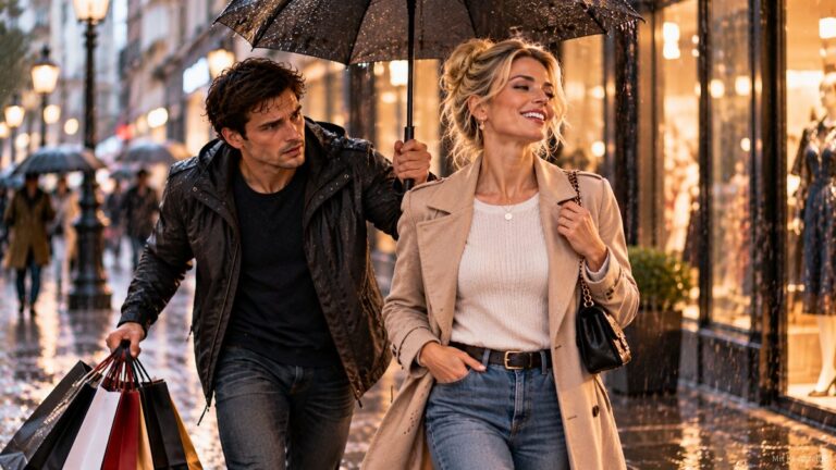 Ein Paar geht im Regen durch eine beleuchtete Einkaufsstraße: Er hält den Schirm über sie und trägt alle Einkaufstüten, sie lächelt.