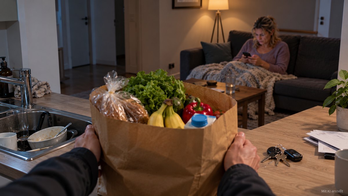 Ein Mann stellt eine volle Einkaufstüte auf die Küchentheke, im Hintergrund sitzt eine Frau mit dem Handy auf dem Sofa.