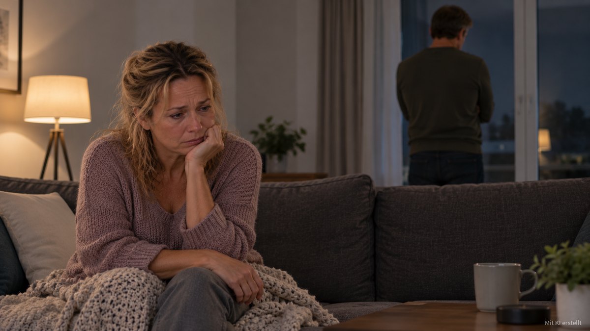 Eine Frau sitzt traurig auf dem Sofa, im Hintergrund steht ein Mann abgewandt am Fenster.